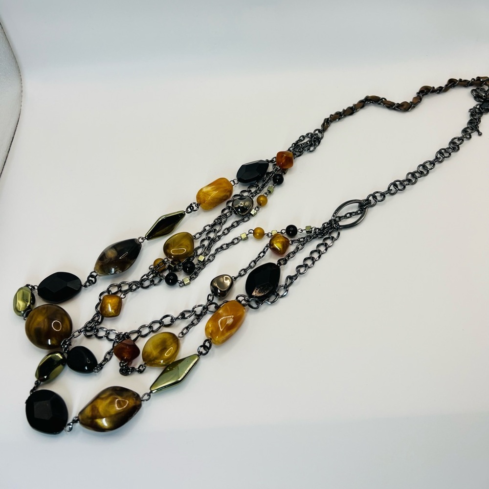 Statement Multi Strand Necklace Amber Brown Black Beads Gunmetal Chain NY Tag